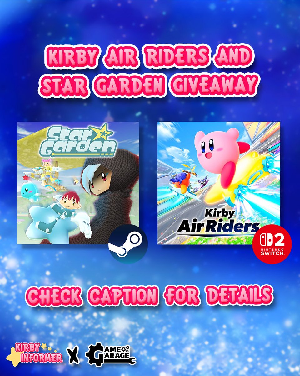 KirbyInformer's tweet image. ✨ GIVEAWAY ✨

We are teaming up with Game Garage to give away codes for Kirby Air Riders &amp;amp; Star Garden! To enter…

⭐️ Follow @GameGarageLLC &amp;amp; @KirbyInformer
❤️ Like &amp;amp; Repost!
💞 Tag 2 friends!
🎉 Bonus entry if you comment again with “POYO!”

Winner will be chosen Thursday!