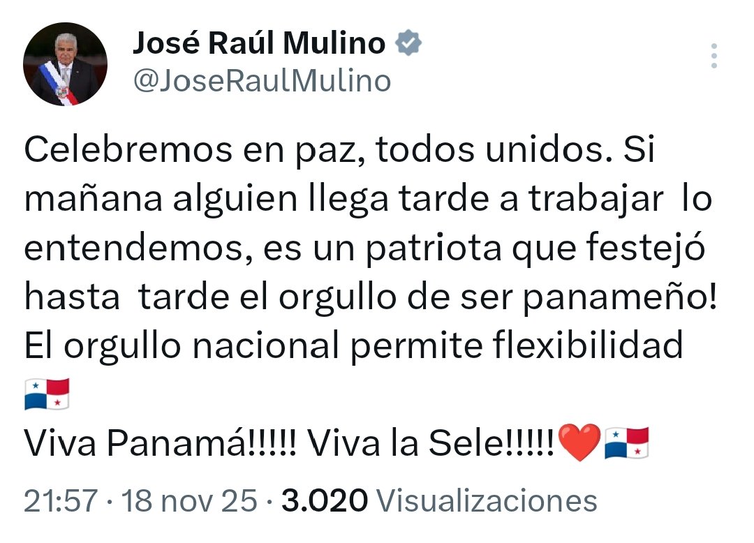 radiopanama's tweet photo. #Nacional | El presidente de la República reaccionó a la victoria de Panamá e hizo un llamado a celebrar “en paz, todos unidos”. Añadió que, si mañana “alguien llega tarde a trabajar, lo entendemos, es un patriota que festejó hasta tarde el orgullo de ser panameño”. Concluyó con un mensaje de entusiasmo: “¡Viva Panamá! ¡Viva la Sele!”.

#radioPanamá