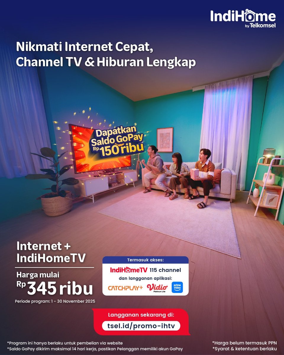 IndiHome's tweet image. Waktunya upgrade hiburan di rumah! 
Langganan Paket Internet + IndiHomeTV mulai Rp345rb aja. 

Kamu bisa dapatkan saldo GoPay senilai Rp150rb, 115 channel IndiHome TV, akses ke Catchplay+, Vidio, juga Prime Video.

#Internet+IndiHomeTV 
#IndiHomebyTelkomsel
#DekatkanPengalaman