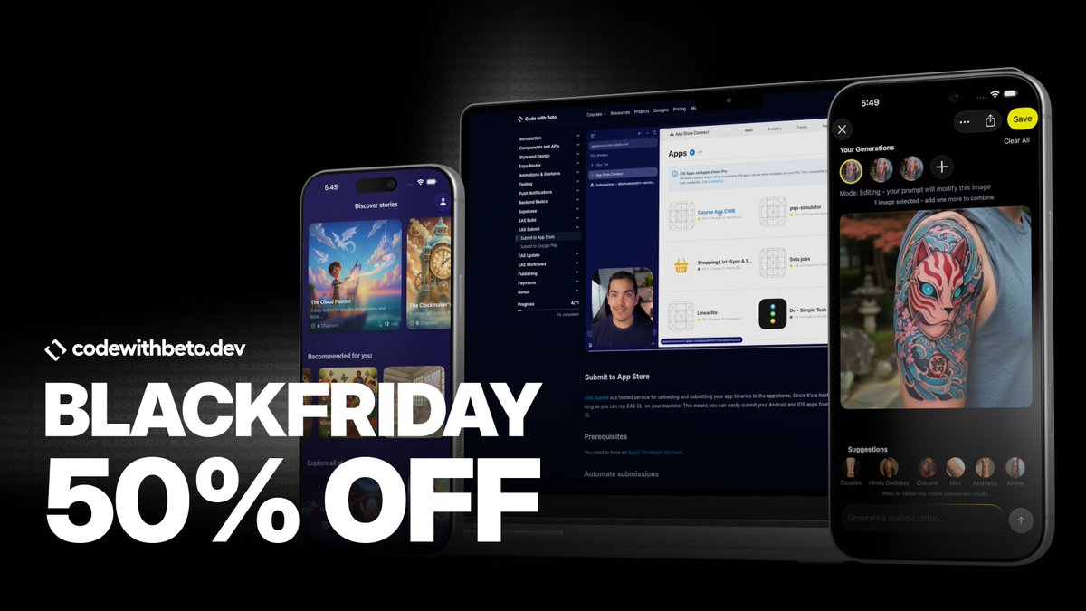 betomoedano's tweet photo. 🚨 BLACK FRIDAY — 50% OFF LIFETIME ACCESS TO CODE WITH BETO! 🎉

Black Friday is here, and so is the biggest Code with Beto deal ever.

For a limited time, you can get 50% OFF lifetime access to EVERYTHING.
One payment. Lifetime access. All current and future courses included.

If you’ve been wanting to level up with my React Native, Expo, and more! — this is the perfect moment to jump in.

🔥 Use code: BLACKFRIDAY
⏳ Offer ends when Black Friday ends.