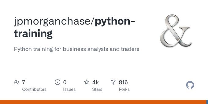 摩根大通的 Python 培训！

完全免费！

这是GitHub链接：github.com/jpmorganchase/…