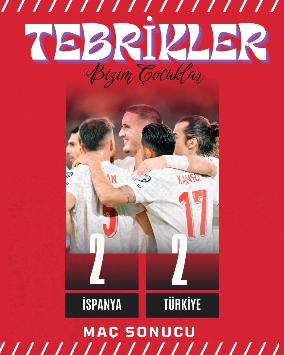 🗣️Tebrikler #BizimÇocuklar👏👏 
◾Teşekkürler Türkiyem 🇹🇷

◾2026 FIFA Dünya Kupası Avrupa Elemelerinde İspanya ile deplasmanda 2-2 berabere kalarak play-off oynamaya hak kazanan A Millî Takımımızı tebrik ederim. 

#millitakım #ESPTUR #FIFAWorldCup  #ESPTUR