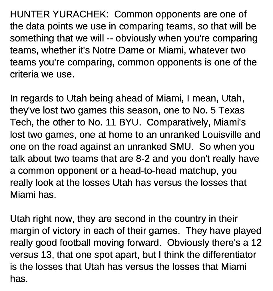 therealutahutes's tweet image. Answer from selection committee chairman  on how they viewed Utah and Miami in the rankings