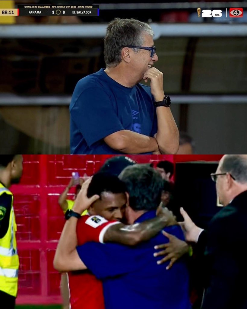 elpajaropiconsv's tweet photo. El Bolillo Gómez, DT de El Salvador, celebrando con los jugadores de Panamá. 

¡No puede ser! Somos una burla de la CONCACAF. https://t.co/wJeA7As4si