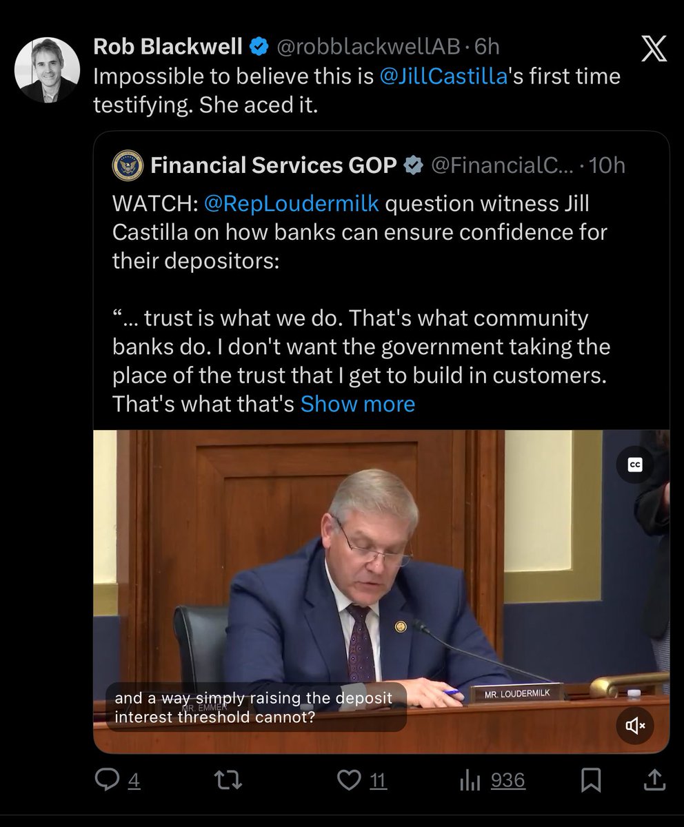 Isn’t it amazing how the only company (<a href="/IntraFi/">IntraFi</a>) in America who benefits from keeping FDIC limits low is the loudest cheerleader for today’s testimony from <a href="/JillCastilla/">Jill Castilla</a>. 

It almost seems like she’s trying to keep their business intact

I’m sure I don’t even have to look to see