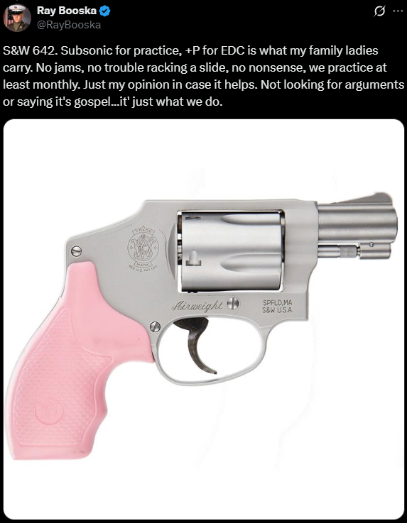 JerambeX's tweet photo. Tale as old as time.
-"She's not strong enough to rack a slide"
-Buys DAO revolver with ~15 lb trigger pull instead
-Can't hit shit, blames terrible iron sight
-Reluctantly pays $200 for grip laser, doesn't help because trigger pull is still ~15 lbs
-Doesn't have a safety, carries only 4 of 5 rounds loaded
-"WHAT DO YOU MEAN YOU WON'T GIVE ME $700 FOR IT? IT'S PRACTICALLY NEW!"

I swear the only reason snub nose .38 revolvers are still produced, and end up collecting dust in a gun safe (or worse, in a vehicle) is because people assume their wife/girlfriend is too stupid/weak to shoot a semiautomatic. And that's kinda sexist if you think about it.