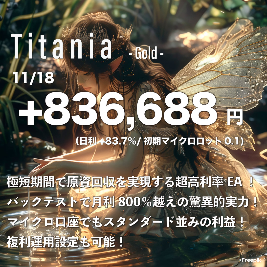 《gutEA　11/18　日報 》

①Titania Micro（GOLD）¥836,688
　初期セントロット0.1（日利83.7%）

②Enbarr（GOLD）¥128,098
　初期ロット0.01（日利12.8%）

③Spica（GOLD）¥101,783
　初期ロット0.05（日利10.2%）

④Laplace（GOLD）¥47,871
　初期ロット0.03（日利4.8%）