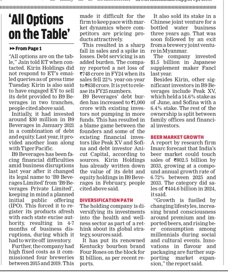 mohitbhallaET's tweet image. ET Exclusive: Japanese liquor giant Kirin looks to pull out of Bira 91 craft beer maker. Seen as a major backer, Kirin has had a change of heart. Founder Ankur Jain has warned his investors about insolvency risks, as per sources.  In today’s ET @ratnabhushanET @EconomicTimes
