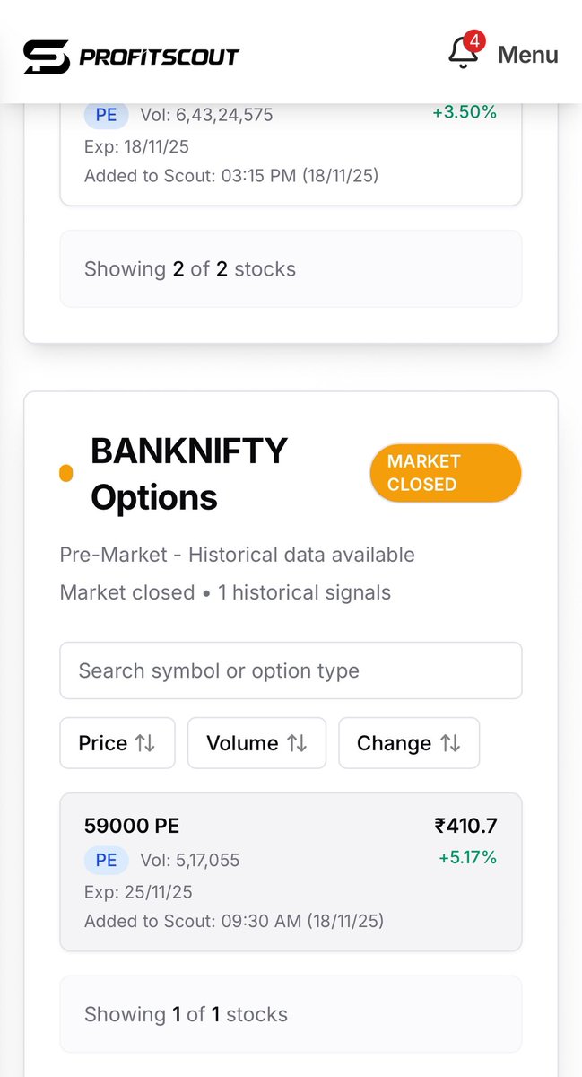 This was kind of dream project! A live market screener for Index Options. 

An impartial friend accessing the present trend and then scouting the best strike prices where breakouts can be expected. 

Need blessings🙏 <a href="/_Profitscout/">Profit Scout</a>
