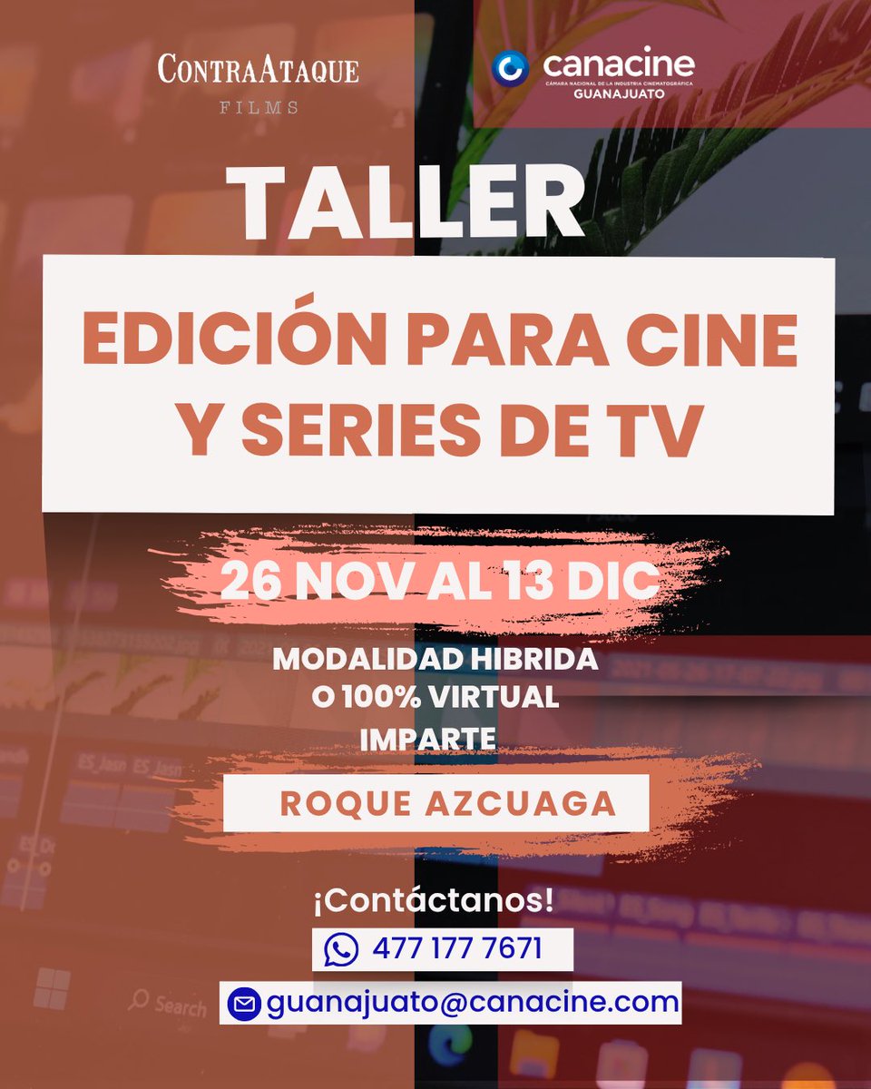 Canacine_gto's tweet image. 🎬 Taller de Montaje y Edición
📅 26 nov–13 dic | Miér &amp;amp; sáb, 4–8 pm
📍 Híbrido (León+Zoom) o 100% virtual
Aprende Premiere Pro con Roque Azcuaga (Premio Ariel).
💰 $3,000 híbrido | $1,800 virtual
🔗 Registro: contraataquefilms.com/taller/edicion
#Cine #Montaje #PremierePro