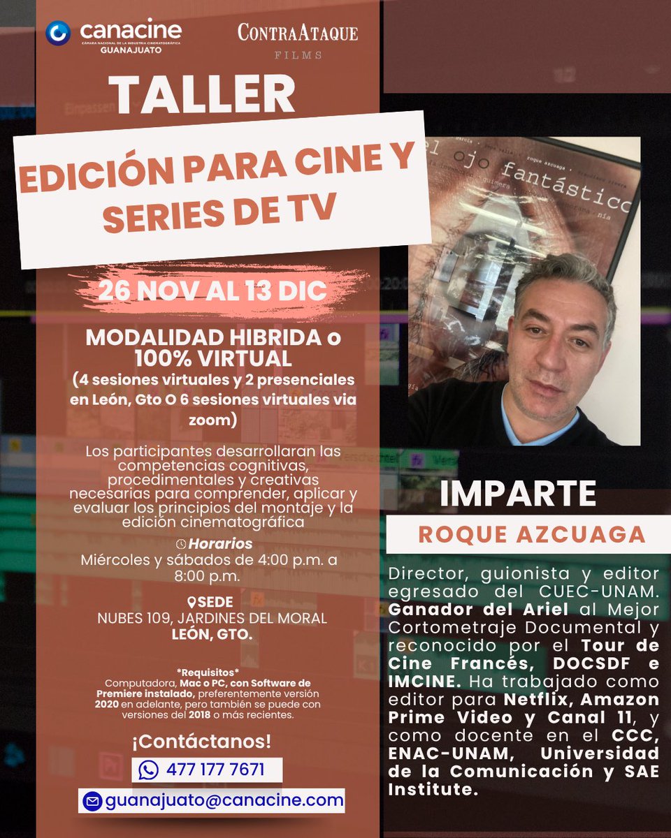 Canacine_gto's tweet image. 🎬 Taller de Montaje y Edición
📅 26 nov–13 dic | Miér &amp;amp; sáb, 4–8 pm
📍 Híbrido (León+Zoom) o 100% virtual
Aprende Premiere Pro con Roque Azcuaga (Premio Ariel).
💰 $3,000 híbrido | $1,800 virtual
🔗 Registro: contraataquefilms.com/taller/edicion
#Cine #Montaje #PremierePro