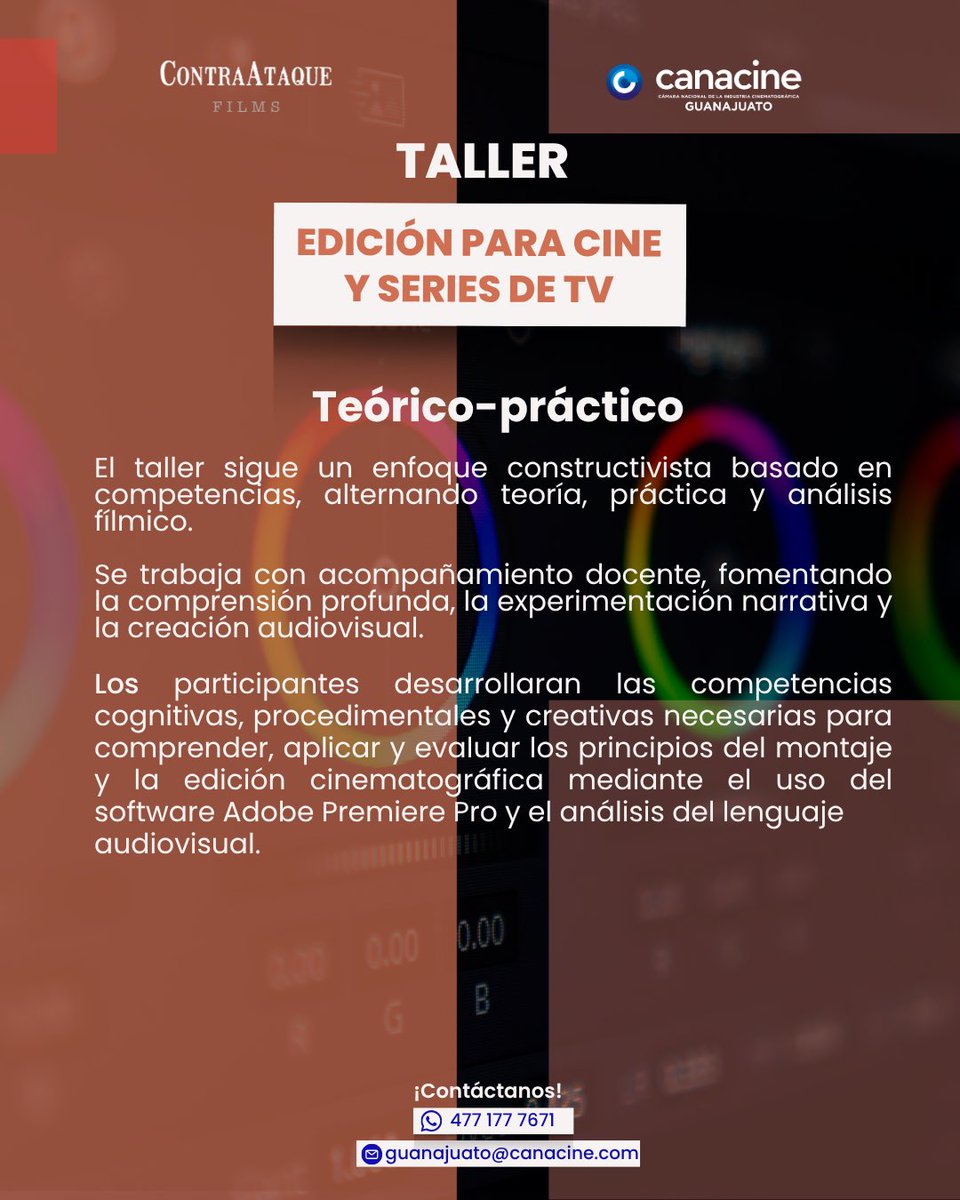 Canacine_gto's tweet image. 🎬 Taller de Montaje y Edición
📅 26 nov–13 dic | Miér &amp;amp; sáb, 4–8 pm
📍 Híbrido (León+Zoom) o 100% virtual
Aprende Premiere Pro con Roque Azcuaga (Premio Ariel).
💰 $3,000 híbrido | $1,800 virtual
🔗 Registro: contraataquefilms.com/taller/edicion
#Cine #Montaje #PremierePro