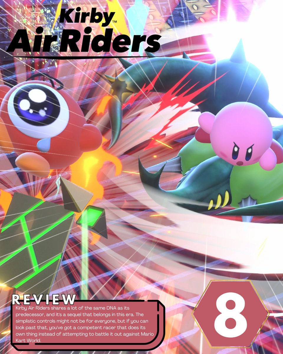 Kirby Air Riders shares a lot of the same DNA as its predecessor, and it's a sequel that belongs in this era. The simplistic controls might not be for everyone, but if you can look past that, you've got a competent racer to enjoy.

Review: consolecreatures.com/kirby-air-ride…