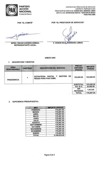 juncalssolano's tweet photo. 💥 SE CAYÓ LA FARSA “APARTIDISTA”

Como reveló Luisa María Alcalde, el “joven ciudadano” Edson Andrade fue contratado por el PAN por $2,106,810 desde febrero de 2025 —y aún recibe $175,577.50 al mes.

La misma derecha que dijo que “solo les quedaba la violencia” ahora financia a su supuesto líder juvenil.
La verdad siempre sale. 👇🏻