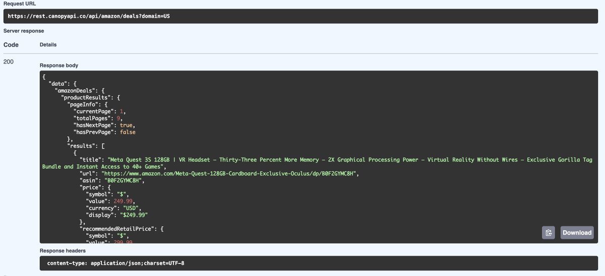 CanopyAPI's tweet photo. By popular request, the API now support retrieving Amazon deals in both the GraphQL and REST endpoints. https://t.co/jolwxpQtqH