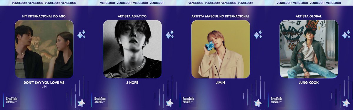 Bangtan7_Stream's tweet image. 🏆@BTS_twt members win at 2025 Break Tudo Awards.

🏆International Hit of the Year - #JIN
🏆Asian Artist - #JHOPE
🏆International Male Artist - #JIMIN
🏆Global Artist - #JUNGKOOK

CONGRATULATIONS JIN
CONGRATULATIONS J-HOPE 
CONGRATULATIONS JIMIN 
CONGRATULATIONS JUNGKOOK