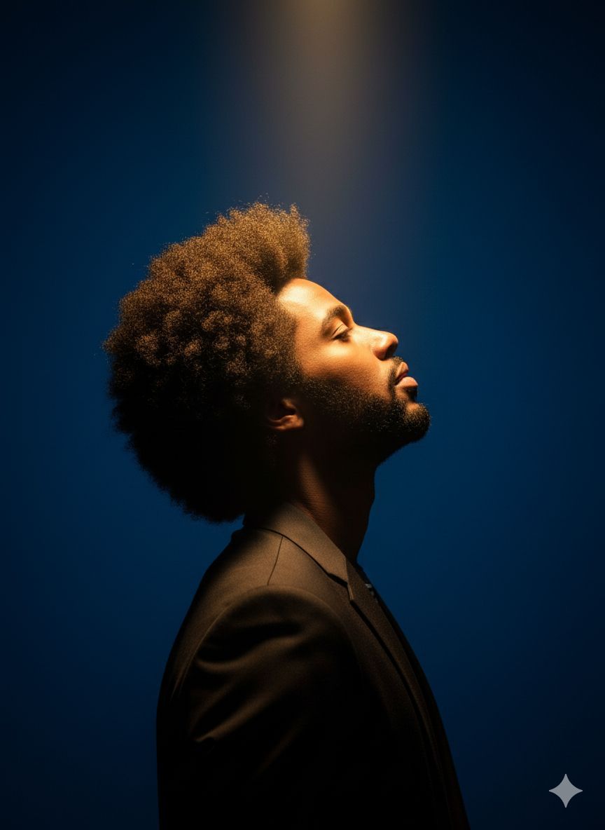 NanoBanana_labs's tweet photo. 🚨SEE YOURSELF SOAKING IN THAT GOLDEN, PEACEFUL GLOW LIKE A MOVIE ICON ✨

Copy the prompt below and create your own photo like this 🫵

Bookmark 🔖 this now.

How to:
1. Open Gemini app
2. Click create image and upload your photo 
3. Copy and Paste the prompt below on      
    "Describe your image" section 
4. Click Generate button 
5. See the magic 🪄 

Follow @NanoBanana_labs for daily AI glow-ups & viral prompts 🚀 . Power of artificial intelligence, discover with nano banana

Prompt 👇
A dramatic, photorealistic medium close-up, profile shot of a striking man attached in the uploaded reference image. He is wearing a dark, tailored blazer. His head is titled sharply backward, with his chin prominently pointing upwards, conveying an air of intensity and vulnerability.
Lighting and Atmosphere: A single, intense, warm golden spotlight shines directly down from above, creating a harsh, chiaroscuro effect. This light perfectly illuminates his face, neck, and throat, contrasting sharply with the deep, enveloping shadow that covers the rest of his figure and clothing. The image must be high-contrast and cinematic.
Background: The background is a solid, clean, and deep studio cobalt blue.
Aesthetic: Ultra-detailed, professional studio portrait, high-resolution, sharp focus.
This version maintains all the key elements (profile, tilt, blazer, single golden light, deep blue background, high contrast) while using language that is highly descriptive and aims for a high-quality, photorealistic output.
