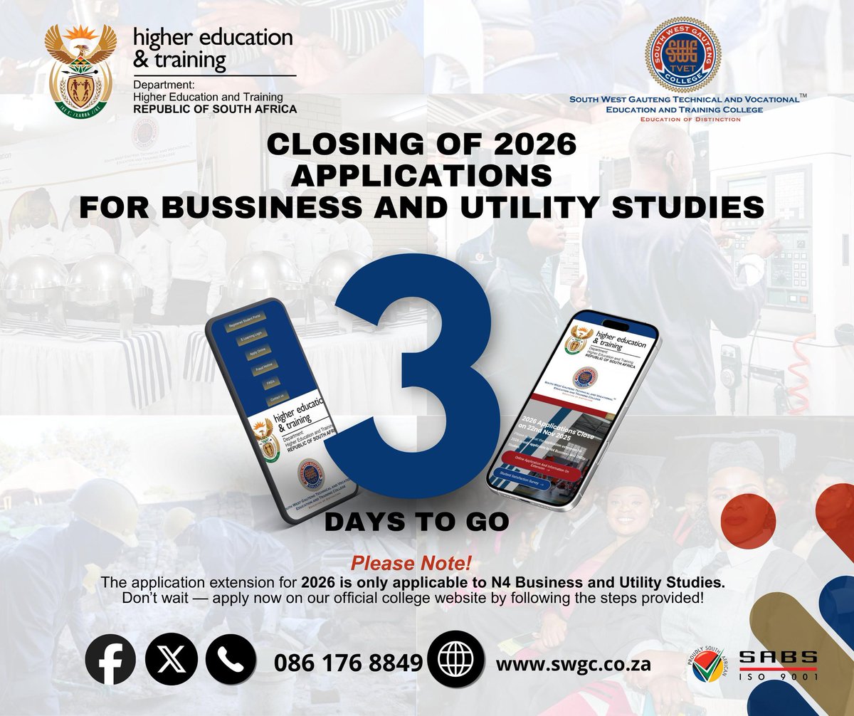 ⏳ Just 3 days left! 

SWGC is closing applications for N4 Business &amp; Utility Studies.

🎥 Watch the step-by-step video on swgc.co.za before applying — it’s quick and easy! 📲 Apply now. 📞 086 176 8849

#SWGC #ValuedSkillsForLife #EducationOfDistinction #ApplyNow