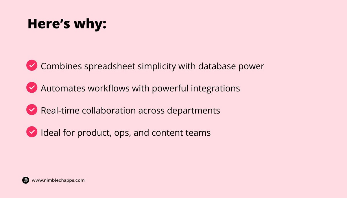 Nimblechapps's tweet image. ⚙️ Airtable: Flexible Data Management Platform 🗂️

✅ Combines spreadsheet simplicity with database power
✅ Automates workflows &amp;amp; integrates with top tools
✅ Real-time collaboration across teams

🚀 Built for product, ops &amp;amp; content pros

#Airtable #DataTools #WorkflowAutomation