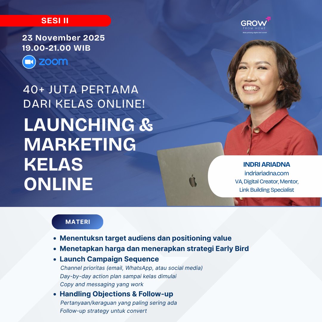 Pendaftaran masin dibuka yaa 👇
growfromhome.id/p/kelas-online