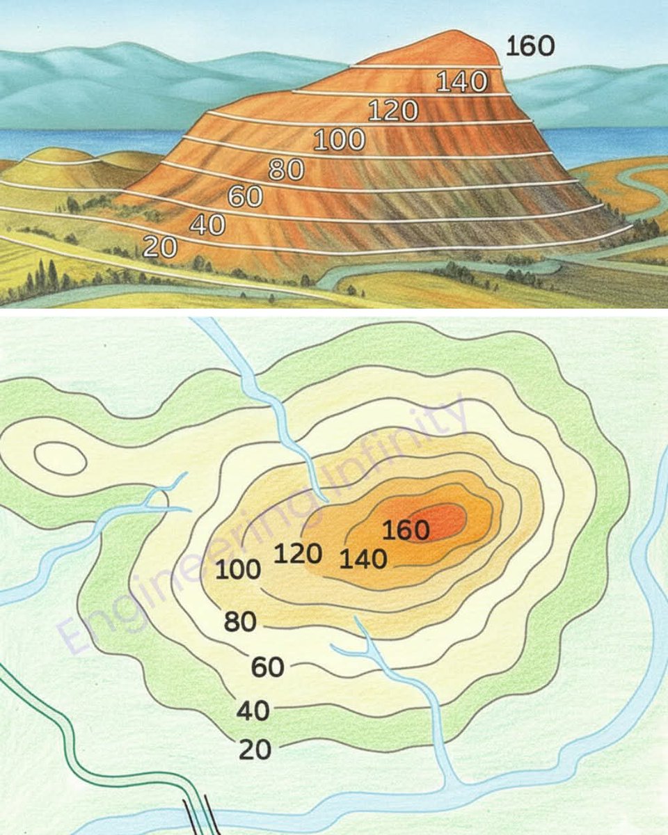 vineeshvc's tweet photo. How to Read &amp; Draw Contour Lines?
Rule 1 - Every point of a contour line has the same elevation.
 Rule 2 - contour lines separate uphill from downhill.
Rule 3 - contour lines do not touch or cross each other except at a cliff.
Rule 4 - Every 5th contour line is darker in colour. https://t.co/IXyC3ScHbm
