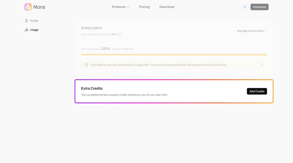 mynoraai's tweet photo. Usage on the Master tier has consistently exceeded expectations — many of you are running full protocols, end-to-end systems, and multi-chain workloads.

So we moved.
Extra credit top-ups. Build with Nora. Without limits. https://t.co/5V0GTObN44
