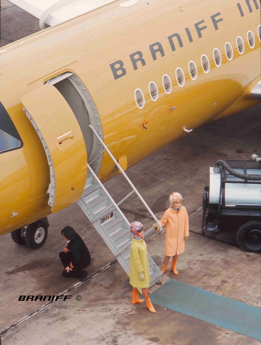 BraniffIntl's tweet photo. BRANIFF EOTPP FEATURED MANY PHOTOSHOOTS - Braniff International flight attendants, dubbed hostesses at the time, are modeling, in the fall of 1965, the new 1965 Emilio Pucci Gemini IV Hostess Uniform Collection designed exclusively for the Dallas-based Airline. Another star of EOTPP was the Alexander Girard Solid Color Scheme including this Ochre Color Scheme painted on a Braniff BAC One-11 Fastback Jet.

Braniff Airways Foundation
Copyright 1926 2025

Photos: Braniff Airways, Incorporated, Copyright
Braniff International Heritage Archives
Now Associated with The University of Texas at Dallas System
Braniff Airways Space Sciences Endowment