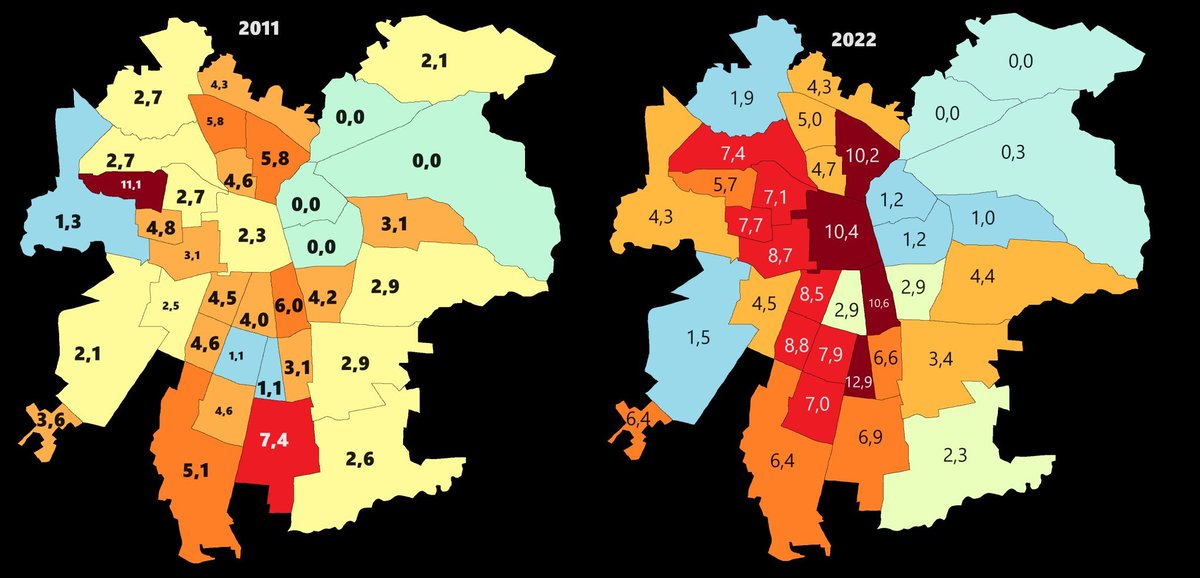 RevisionistaCL's tweet image. Para quienes dicen que siempre fue así, aquí está la comparación de la tasa de homicidio por comuna en 2011 y en 2022.