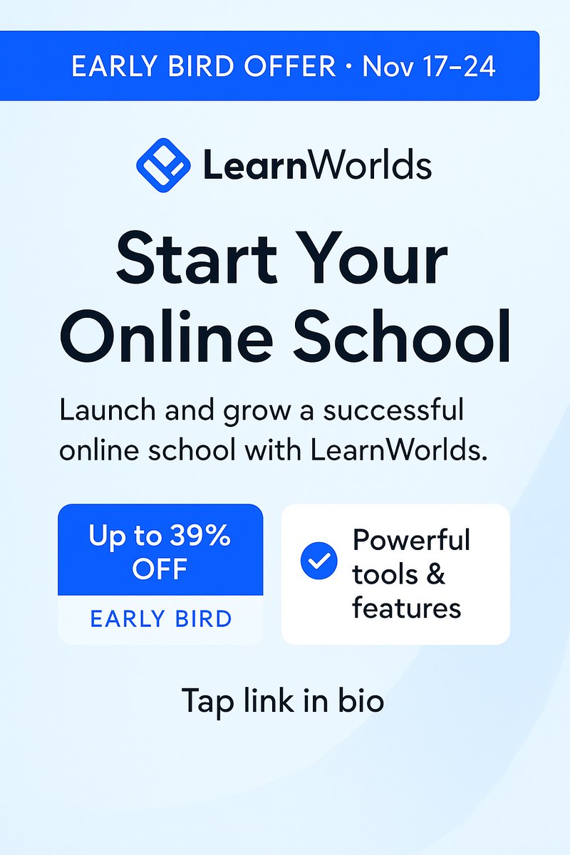 e4allw's tweet image. If you’re planning to launch your online school in 2025, now is the best time.
LearnWorlds gives you no-code tools + built-in video hosting.
Up to 39% OFF with the Early Bird offer🔥
👉 get.learnworlds.com/e4all
#LearnWorlds #Elearning