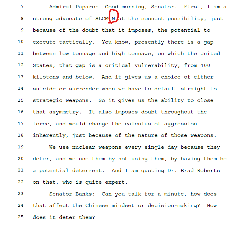Almost everyone seems to be out of the loop. So listen up: in his Senate testimony in April 2025, USINDOPACOM commander Paparo said US has lost air superiority to China near Taiwan, can't win against China conventionally, so the ONLY gamble is to bluff w tactical nukes on subs.