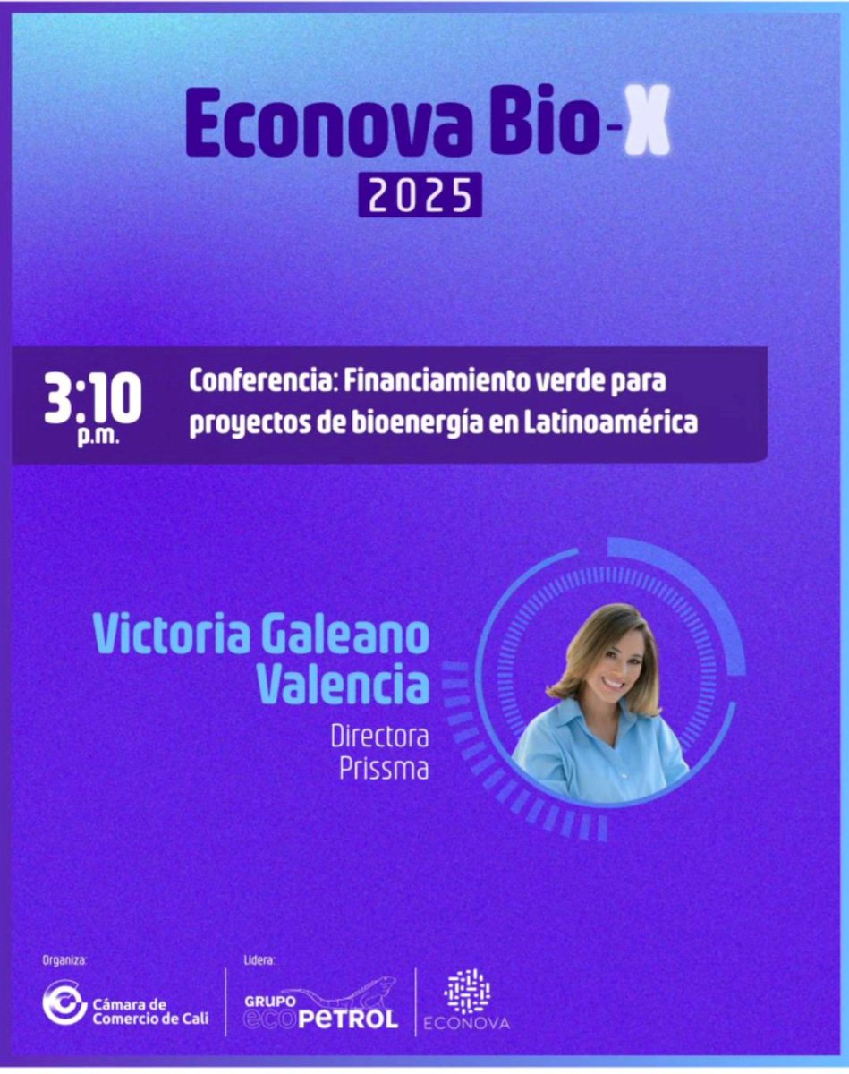 vickygaleano's tweet photo. Excited to speak at Econova Bio-X 2025 in Cali on green financing models for bioenergy in Latin America.
Bioenergy is central to climate mitigation, resilience, and industrial decarbonization. 
Nov 19 — Cali, Colombia
#ClimateFinance #Bioenergy #EnergyTransition #EconovaBioX2025 https://t.co/9ZTfAcU6tH