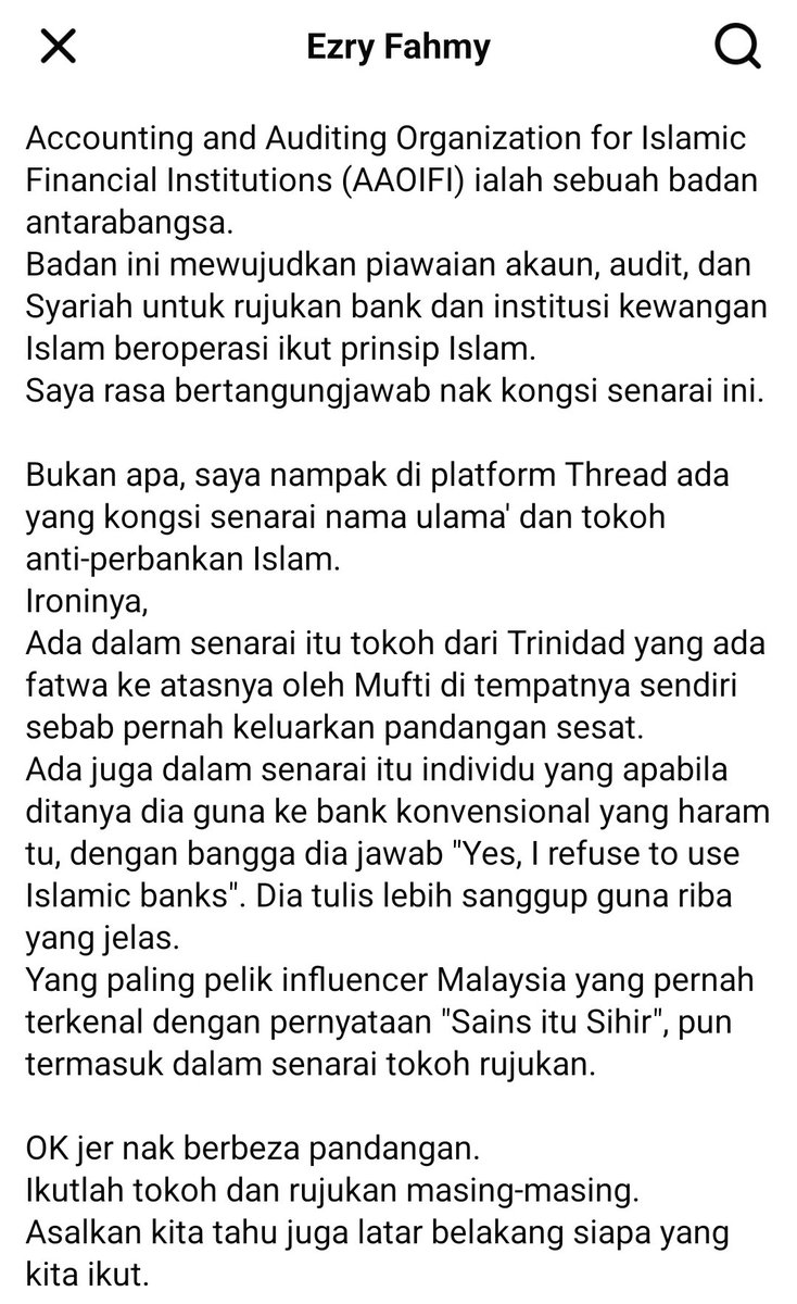 ZacZakirin13's tweet photo. Nk sembang teknikal perbankan + syariah, panggil ahli yg faham both of it.

Sekadar sembang teknikal, tp lemah dlm hal syariah, dia tak membantu menyelesaikan masalah ummah dlm terjerat dgn sistem² riba.

Aku kongsikan status Ustaz Ezry, someone yg arif teknikal dan syariah kt sini.