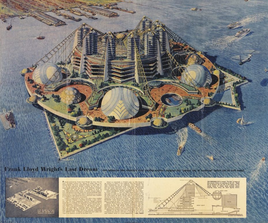 An architectural concept for a futuristic city on Ellis Island, designed by Frank Lloyd Wright shortly before his death. The project was titled "Frank Lloyd Wright's Last Dream" and was intended to be a "perfect city of tomorrow.