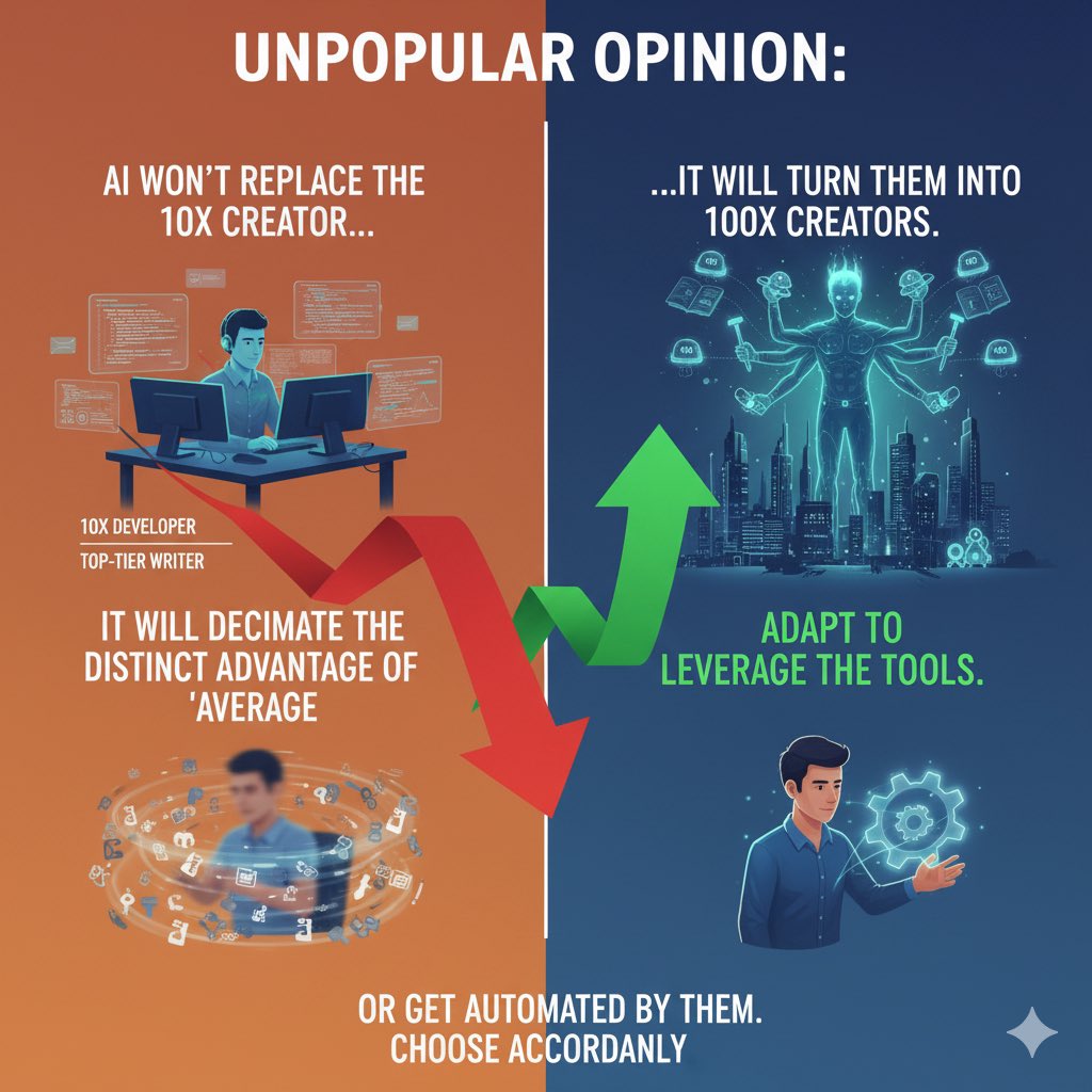 TrustScore_1's tweet image. AI won&apos;t replace the 10x developer or the top-tier writer. It will turn them into 100x creators.
But it will absolutely decimate the distinct advantage of &quot;average.&quot;
The middle ground is evaporating. You either adapt to leverage the tools, or you get automated by them. Choose…