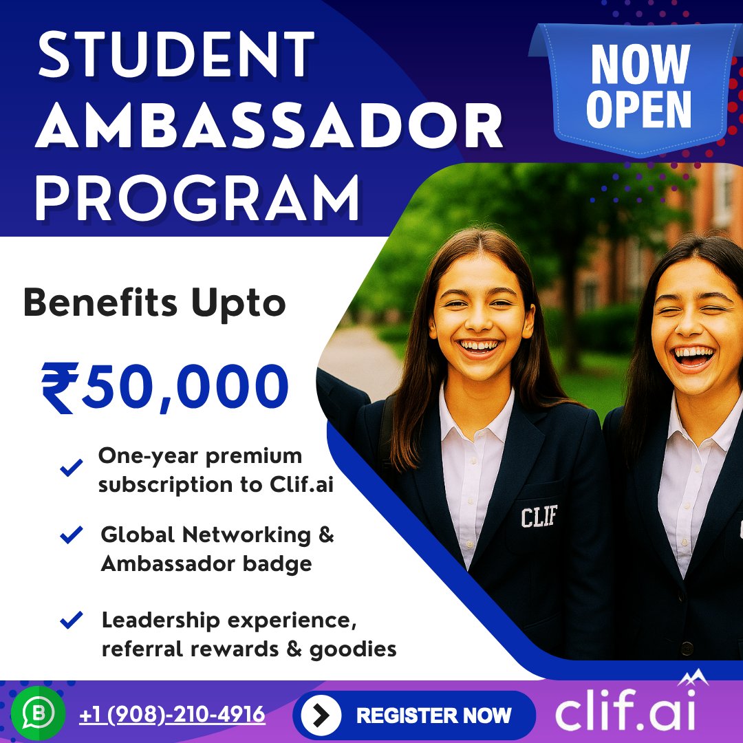 Opening few slots for Princeton based EdTech CLIF Student Ambassador Program - Free registration, unlimited benefits!

CLIF is excited to open applications for our Student Ambassador Program, designed for ambitious students who want to lead, grow, and stand out - 

🔥 Benefits