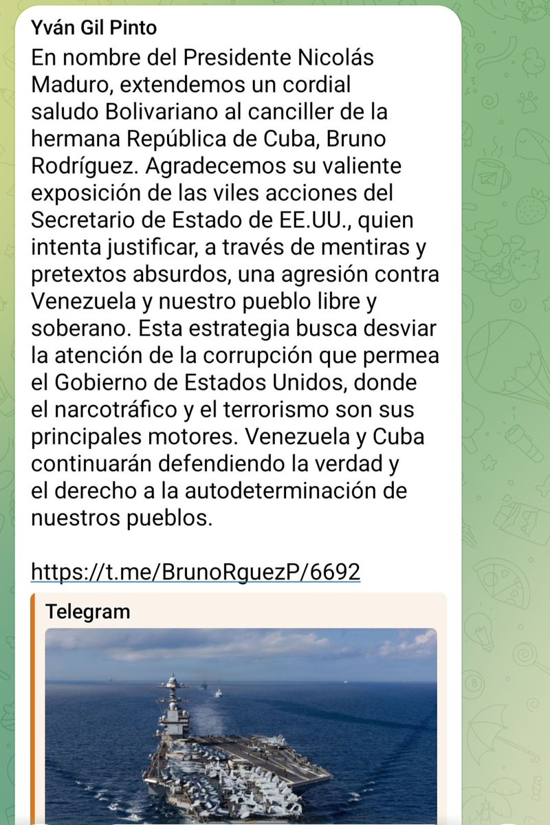 Canciller Yván Gil agradeció al Canciller cubano, Bruno Rodríguez, por su valiente exposición de las viles acciones del Secretario de Estado de #EEUU, quien intenta justificar, a través de mentiras y pretextos absurdos, una agresión contra Venezuela y su pueblo libre y soberano.