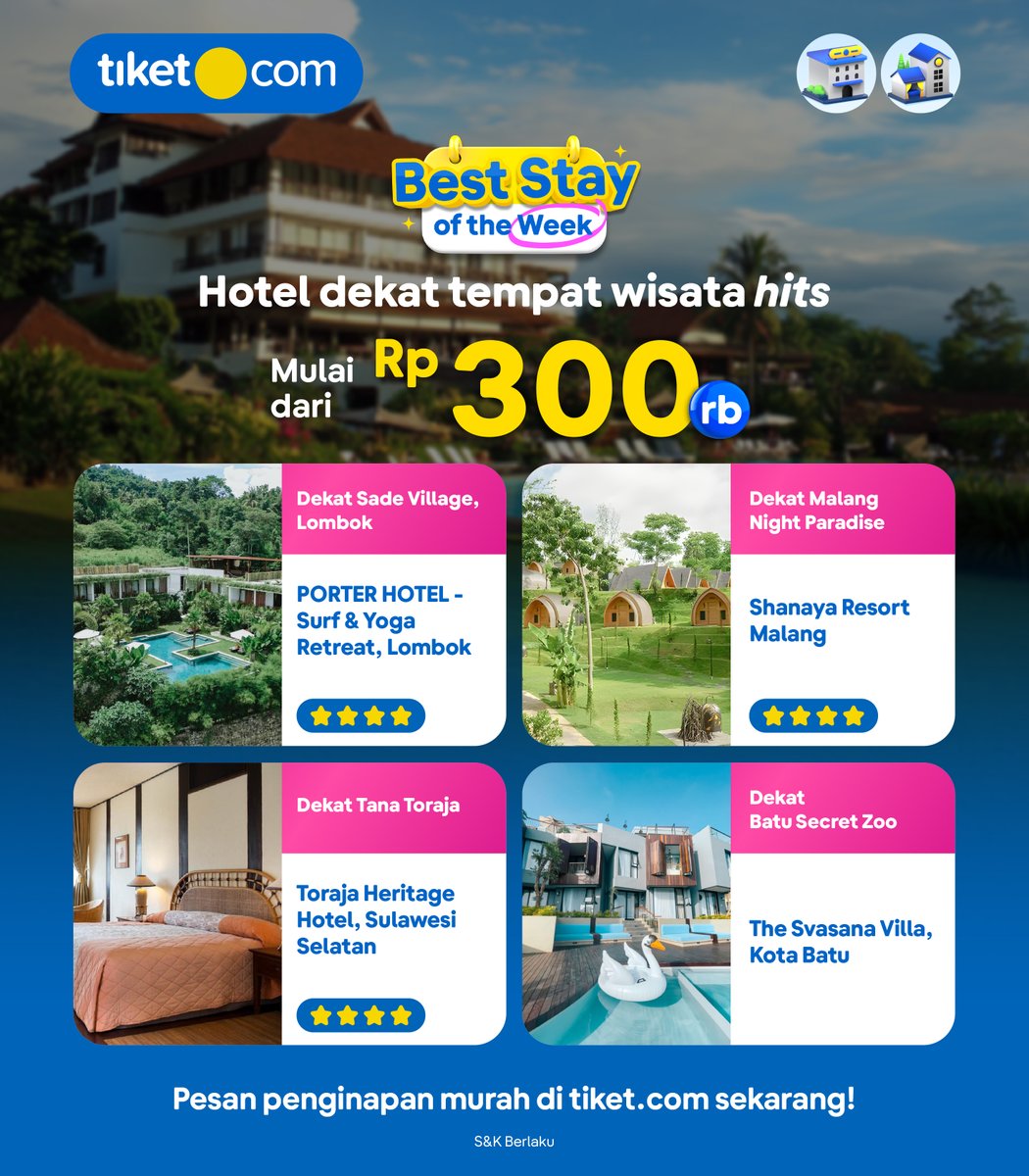 tiket's tweet photo. STAYCATION SERU DEKAT TEMPAT WISATA!
Langsung LIKE & BOOKMARK rekomendasi penginapannya yang deket sama spot wisata di Medan sampai Lombok! π
https://t.co/Vy1HY5Mgkf
Pesan kamar hotel murah di https://t.co/AT2gGfP6wA sekarang!
#SemuaAdatiketnya #PromoLiburan https://t.co/y9mR5cs29g