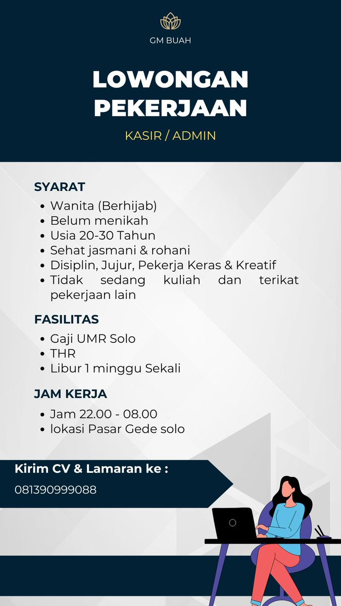 lokersoloraya's tweet image. 🍎 GM BUAH — LOWONGAN PEKERJAAN

🕒 Jam Kerja:
22.00 – 08.00

📍 Lokasi: Pasar Gede, Solo

📩 Kirim CV &amp;amp; Lamaran:
0813-9099-9088

#LowonganKerjaSolo #LokerKasir #LokerAdmin #LokerSolo #LokerMalam #KasirPasarGede #InfoLokerSolo #LowonganTerbaru #WeAreHiring