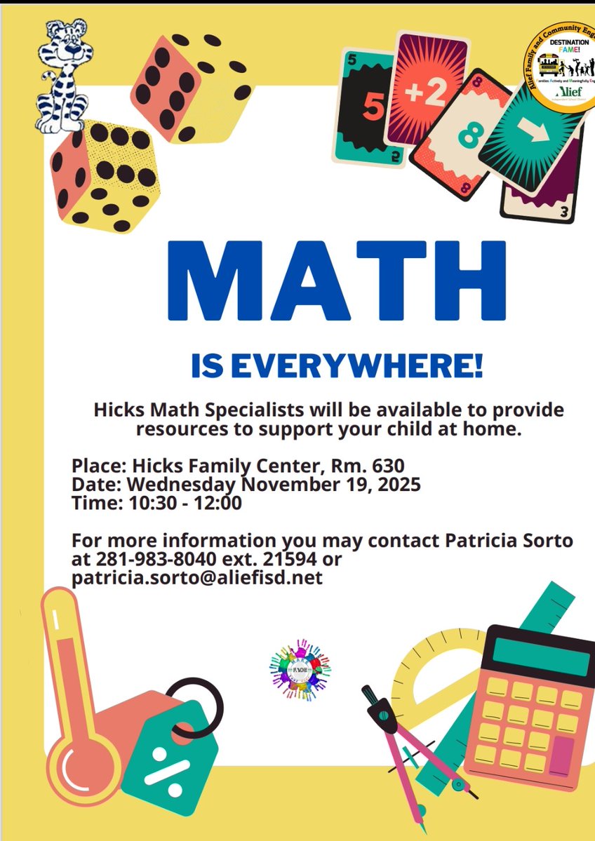 PatriciaSorto1's tweet image. Does your child need help with Math? Would you like to learn strategies to support your child with Math? Read the details on the flyer below.
@HicksTigers @Alief_Fame