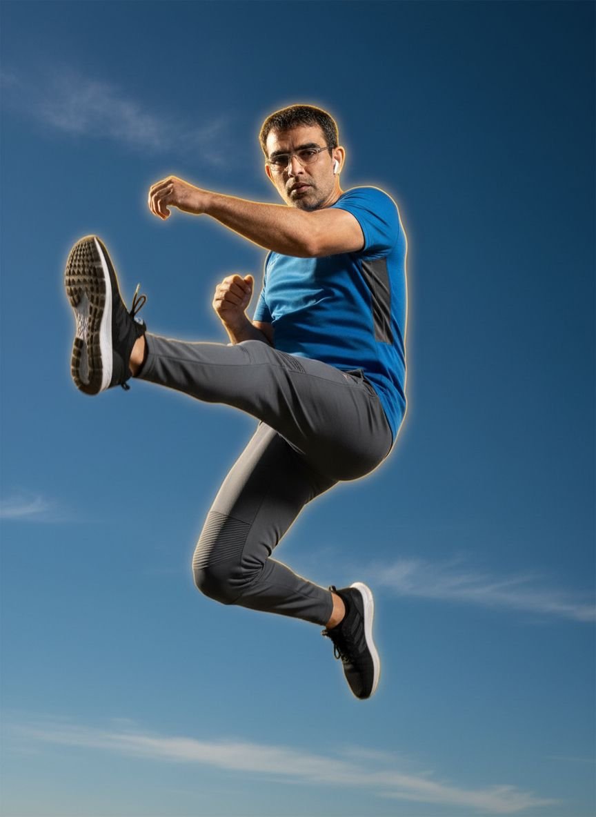 🚨omg you gotta try this nano banana prompt right now!
Prompt:
Cinematic shot of the man (attached photo) doing a mid-air jump kick, sporty outfit, clean sky background, dramatic rim light, frozen motion, ultra-detailed skin and fabric texture.

----
:👇