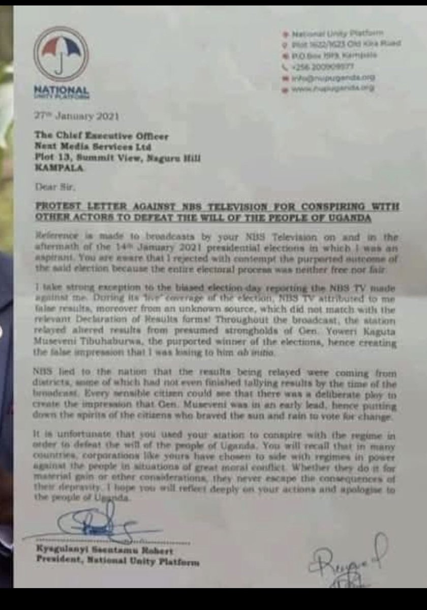 regesa's tweet photo. Lest we forget, in the immediate aftermath of the 2021 Presidential Elections charade and amidst the new life of a FaceBook ban, on 24 January 2021, I published, on social media, an open letter to the management of @nbstv and gave my mind (frames 1 to 3). 

Three days later, on 27 January 2021, the President of the @NUP_Ug , Hon. @HEBobiwine followed suit and also wrote to @nbstv (frame 4). I do not remember what the response of NBS was, but it seems both or one of the parties took this feud beyond the election period. 

In recent memory, I saw @HEBobiwine being hosted in the studios of NBS at around the time they were launching one of their commercial platforms. This was a grave miscalculation on his part. It meant that @KKariisa and team had demystified him. I don’t want to fault @HEBobiwine individually, but his handlers failed him on this. 

A Presidential contender that is capable of giving a seasoned ‘dictator’ a bloody nose in an election is supposed to be above appearing in TV studios no matter who the TV thinks they are. You gotta make that political brand count bwana!!  If NBS TV wants an exclusive, they ought to come and set up at your residence and you conduct the interview there. Since 2007, did you ever see the late Rt.Hon. Raila Odinga visiting any TV studios (including @citizentvkenya )? They always went to him! Make the brand count!

In 2025, I have been hosted on NBS several times. Do I think that the station treats NUP and its President fairly? NO. Do I think that NUP should boycott NBS? NO. While I am not a fan, strategist nor member of NUP, whenever I feel that the journos from NBS are being unfair to NUP in their questioning, I hit back and defend NUP and its Presidential candidate. That is just me being me - a centrist par excellence. I must commend NBS for the opportunity. They have never told me to attack or defend any  party or candidate nor tried to persuade me into pushing any particular narrative. They only invite me where they think that I will add value to the conversation and I believe they may even receive warnings from the belligerent regulator about some of my submissions (that is if they have not already received them). 

NUP must understand that as a corporate citizen, Next Media Group has a right to have a skewed editorial policy and it is up to NUP to get the lemons and make lemonade. Your Party must sit down and craft a counter strategy. You must prepare your candidates and propagandists to take on the NBS journos in a manner of aura for aura until both parties either meet somewhere or the station chooses to exclude you! The politicians ought to maintain high ground and not exhibit cowardice. How do you convince us to elect cowards into National leadership?

While excreta attracts houseflies, bees are attracted to nectar. I beseech the NUP leadership to focus on the latter and look at the sharp focus from Next Media Group as the allure of nectar to bees! Make it count! 

My two cents…