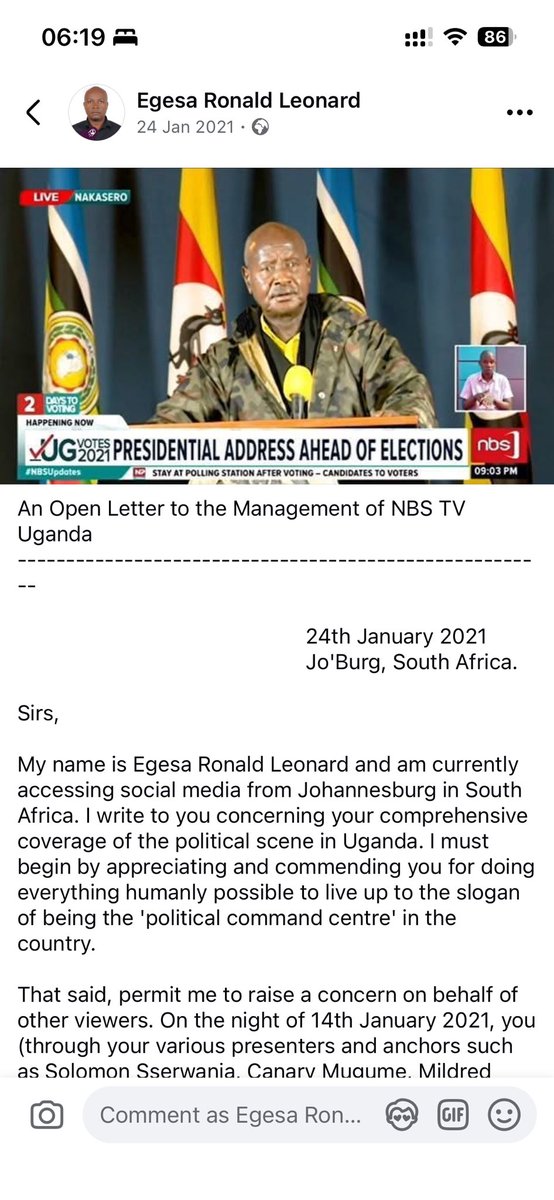 regesa's tweet photo. Lest we forget, in the immediate aftermath of the 2021 Presidential Elections charade and amidst the new life of a FaceBook ban, on 24 January 2021, I published, on social media, an open letter to the management of @nbstv and gave my mind (frames 1 to 3). 

Three days later, on 27 January 2021, the President of the @NUP_Ug , Hon. @HEBobiwine followed suit and also wrote to @nbstv (frame 4). I do not remember what the response of NBS was, but it seems both or one of the parties took this feud beyond the election period. 

In recent memory, I saw @HEBobiwine being hosted in the studios of NBS at around the time they were launching one of their commercial platforms. This was a grave miscalculation on his part. It meant that @KKariisa and team had demystified him. I don’t want to fault @HEBobiwine individually, but his handlers failed him on this. 

A Presidential contender that is capable of giving a seasoned ‘dictator’ a bloody nose in an election is supposed to be above appearing in TV studios no matter who the TV thinks they are. You gotta make that political brand count bwana!!  If NBS TV wants an exclusive, they ought to come and set up at your residence and you conduct the interview there. Since 2007, did you ever see the late Rt.Hon. Raila Odinga visiting any TV studios (including @citizentvkenya )? They always went to him! Make the brand count!

In 2025, I have been hosted on NBS several times. Do I think that the station treats NUP and its President fairly? NO. Do I think that NUP should boycott NBS? NO. While I am not a fan, strategist nor member of NUP, whenever I feel that the journos from NBS are being unfair to NUP in their questioning, I hit back and defend NUP and its Presidential candidate. That is just me being me - a centrist par excellence. I must commend NBS for the opportunity. They have never told me to attack or defend any  party or candidate nor tried to persuade me into pushing any particular narrative. They only invite me where they think that I will add value to the conversation and I believe they may even receive warnings from the belligerent regulator about some of my submissions (that is if they have not already received them). 

NUP must understand that as a corporate citizen, Next Media Group has a right to have a skewed editorial policy and it is up to NUP to get the lemons and make lemonade. Your Party must sit down and craft a counter strategy. You must prepare your candidates and propagandists to take on the NBS journos in a manner of aura for aura until both parties either meet somewhere or the station chooses to exclude you! The politicians ought to maintain high ground and not exhibit cowardice. How do you convince us to elect cowards into National leadership?

While excreta attracts houseflies, bees are attracted to nectar. I beseech the NUP leadership to focus on the latter and look at the sharp focus from Next Media Group as the allure of nectar to bees! Make it count! 

My two cents…
