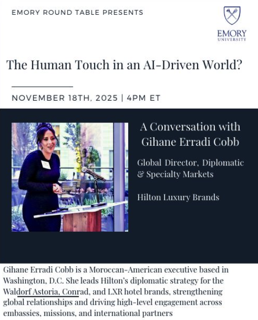 Thank you Gihane Erradi Cobb for a powerful Q&amp;A on The Human Touch in an AI-Driven World. (Global Director for Diplomatic and Specialty Markets at Hilton’s luxury brands) <a href="/EmoryEconomics/">Emory Economics</a> <a href="/HiltonHotels/">Hilton Hotels</a>