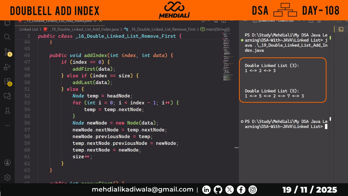 mehdiali_mk's tweet image. DoubleLL Add Index  | DSA – DAY – 108
Github Link: github.com/mehdiali-mk/DS…

LinkedIn: linkedin.com/in/mehdiali-mk/

#365DaysofCode #365dayscoding #100daysofcodechallenge #100daysofcode #LearnDSA #DSAinJava #JavaProgramming #AlgorithmDesign #CodingPractice #codedaily