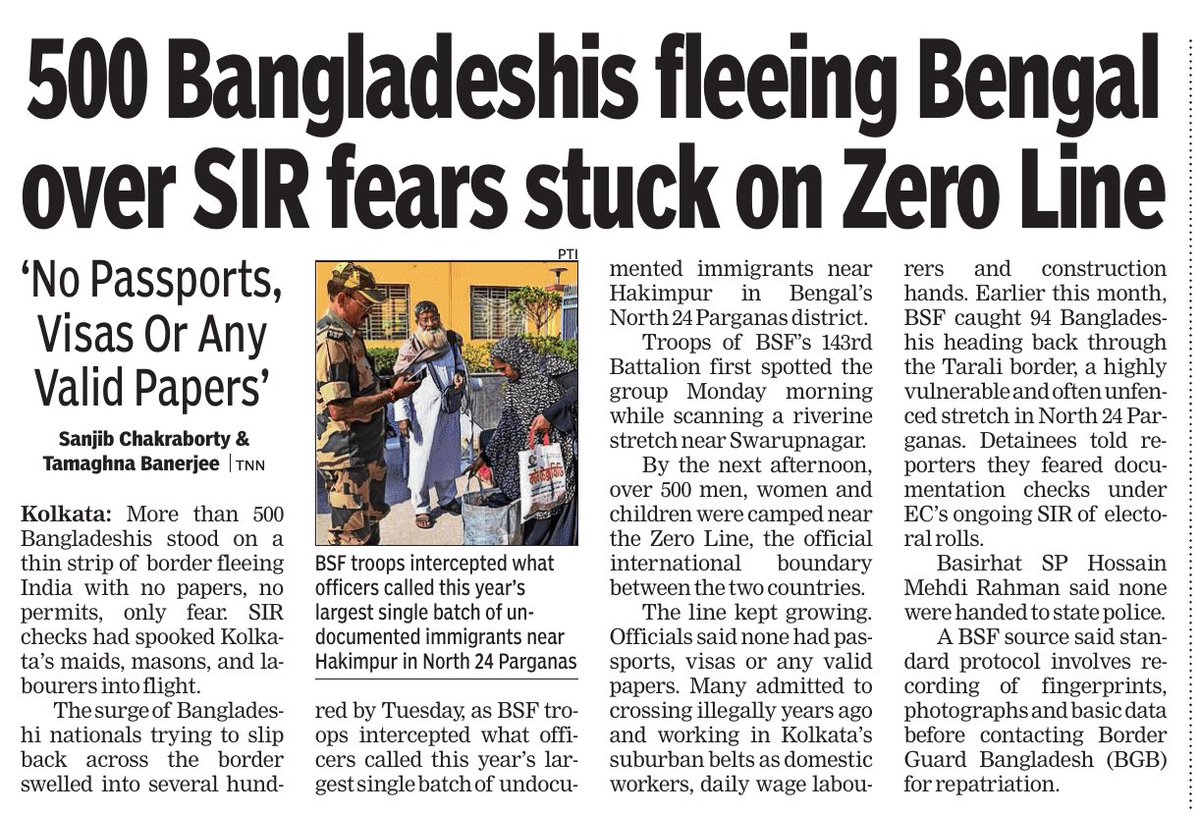 pradip103's tweet image. Over 500 illegal Bangladeshi migrants have fled Bengal as soon as SIR voter-roll checks began — none with passports, visas or any legal papers.

BSF says this is the biggest single catch of the year, proving how deeply Kolkata’s suburbs were flooded with undocumented migrants…