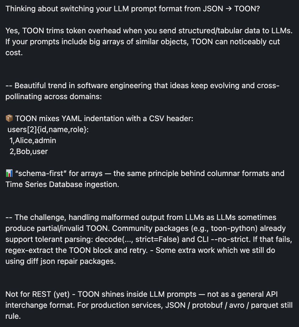 IAkashGuptaa's tweet image. JSON to TOON for your Gen AI application.

Toon repo: lnkd.in/eR7rBvCw

A really nice benchmark by Chase Adams -&amp;gt; curiouslychase.com/playground/for…

#LLM #MachineLearning #DataEngineering #Developers #TechInnovation #Optimization