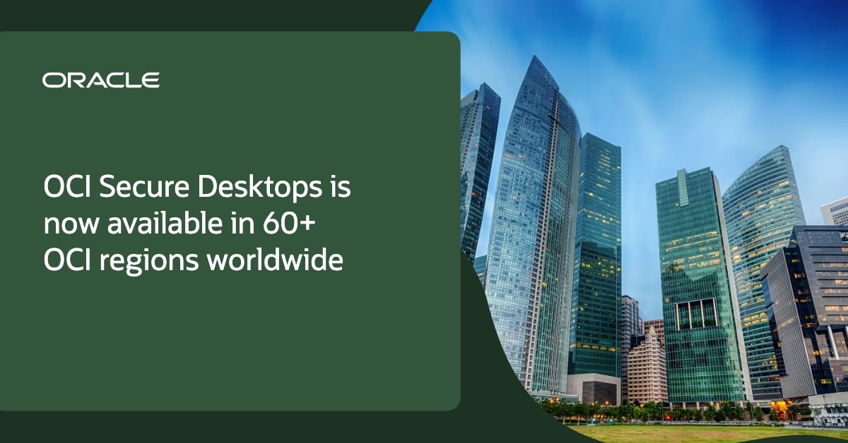 OracleRules's tweet image. OCI Secure Desktops is now available in more than 60 Oracle Cloud Infrastructure regions worldwide, including UK Government, EU Sovereign regions, and select Dedicated Region Cloud@Customer (DRCC) deployments. social.ora.cl/60127g9RG
