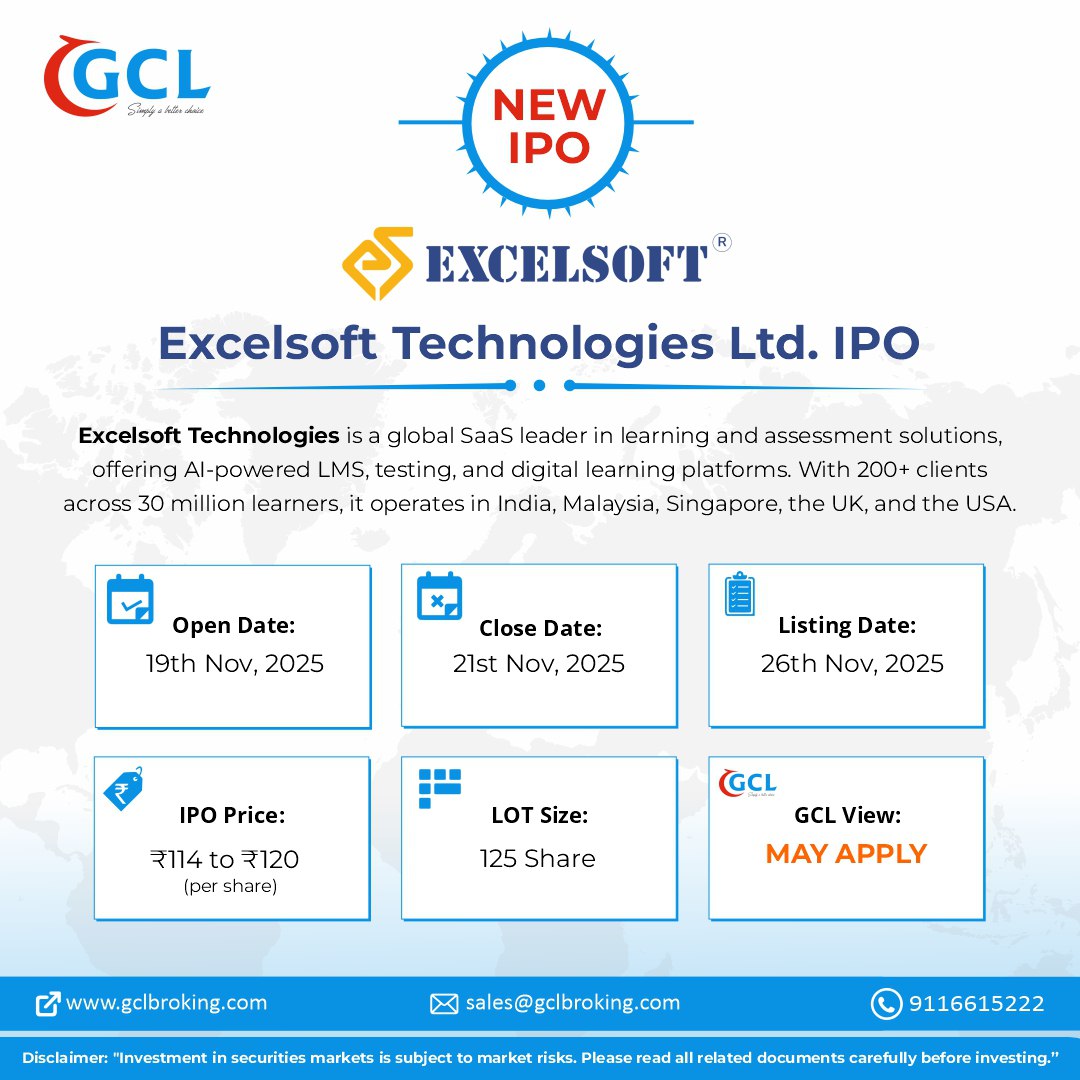 GCL_Broking's tweet image. 💥Excelsoft Technologies IPO Alert!

A global SaaS innovator in digital learning &amp;amp; assessments is set for its market debut📊

Stay tuned with #GCLBroking for smart IPO insights.

#ExcelsoftIPO #IPOAlert #GCLBroking #InvestmentNews #IPOUpdates #InvestWithGCL #StockMarketIndia