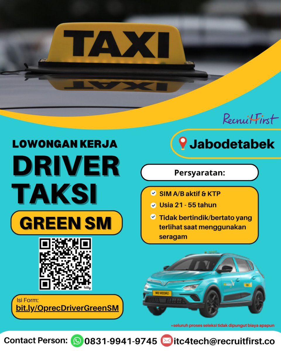 salviaam_'s tweet photo. 🚗LAGI CARI KERJA &amp; BISA NYETIR MOBIL?
Yuk gabung jadi Driver Taksi Green SM!

📋SYARAT MUDAH:
1. 21 – 55 tahun
2. SIM A/B aktif &amp; KTP
3. Tidak bertato/bertindik

📍Joglo dan Kemayoran

👉Daftar segera melalui form: https://t.co/GN753cHHm5 https://t.co/gnVmmA6HRI