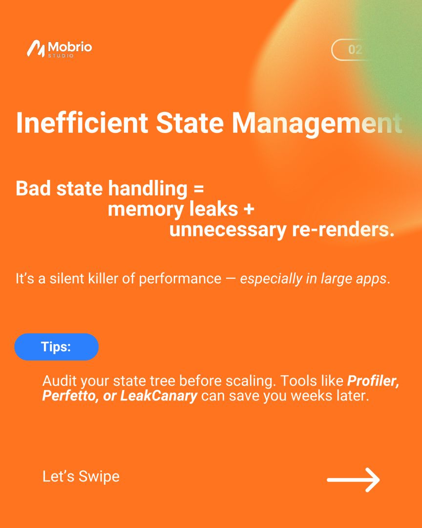 MobrioStudio's tweet photo. 2️⃣ Inefficient state management
Bad state handling leads to memory leaks and unnecessary re-renders.
A clean state tree = smoother performance. https://t.co/8ndr9XfeEe